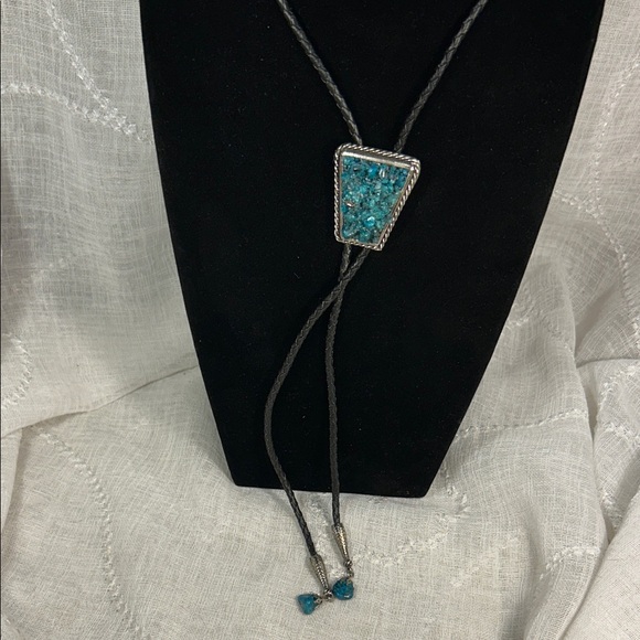 Handmade Other - Vintage Bolo tie western leather and ornate medallion turquoise